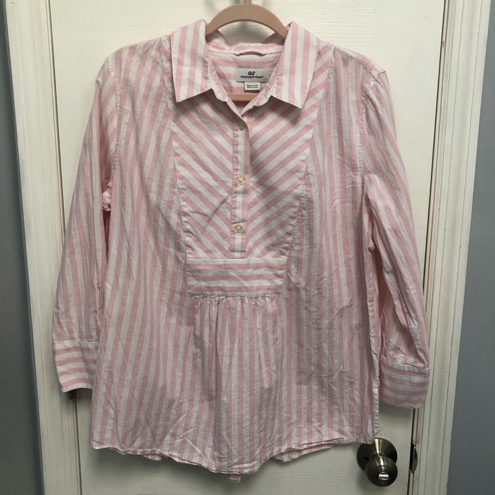 Vineyard Vines Top Large Pink White Stripe Cotton Blouse Collar Tunic Coastal